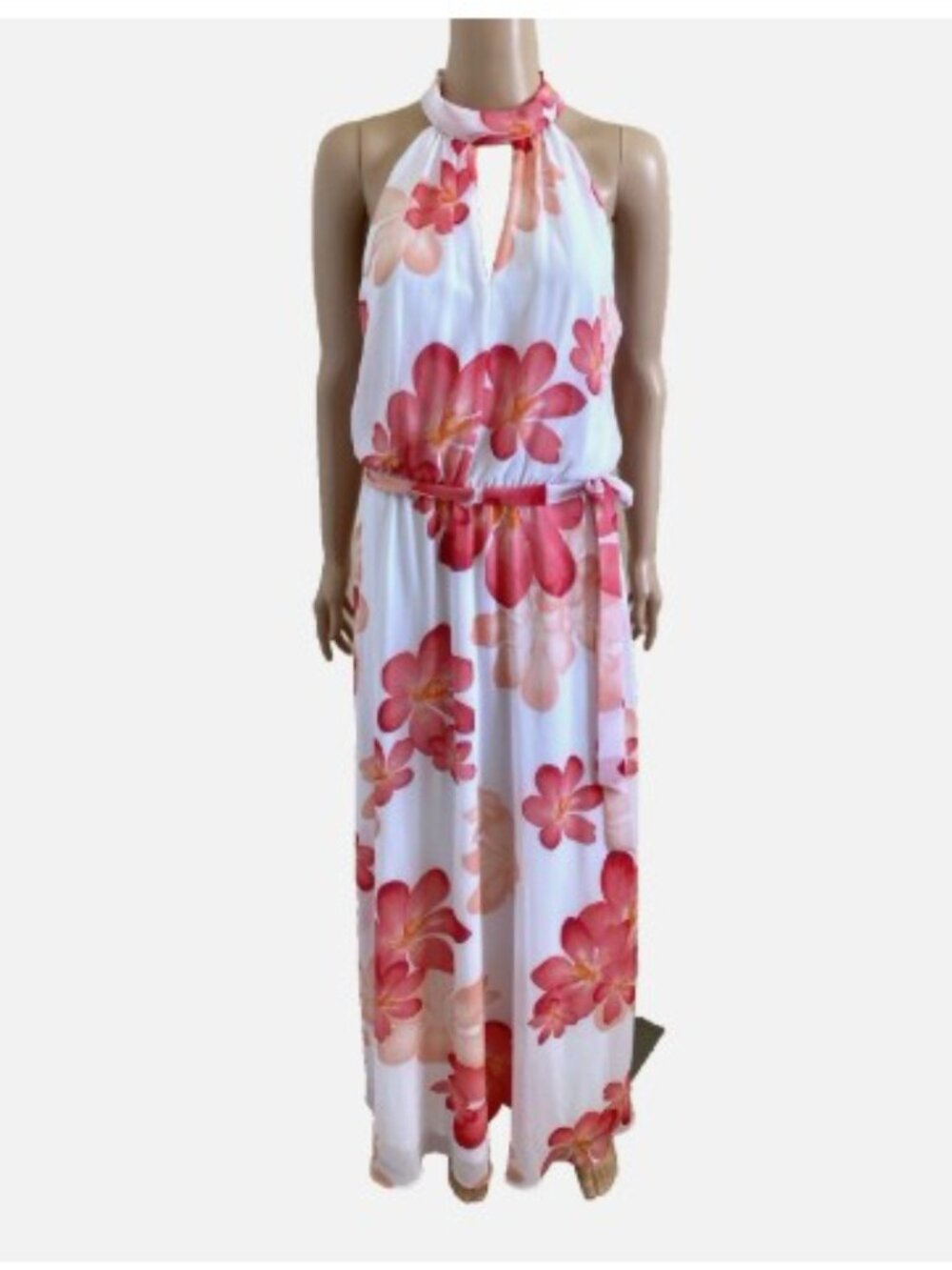 NWT CALVIN KLEIN Floral Print Halter Chiffon Maxi Dress Size 10 Retails $159.00